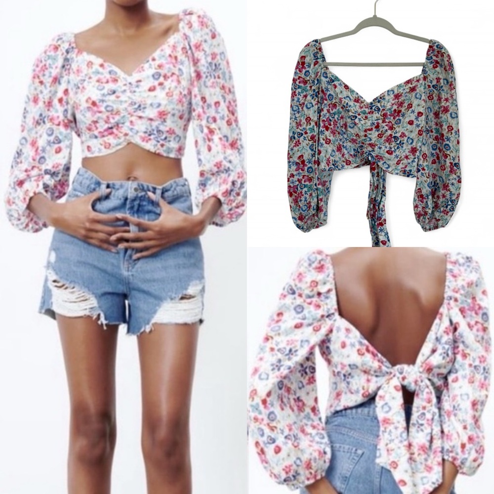 Zara Floral Puff Sleeve Crop Top